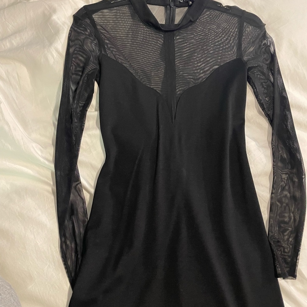 CHIC BLACK LONG SLEEVE MESH MINI DRESS